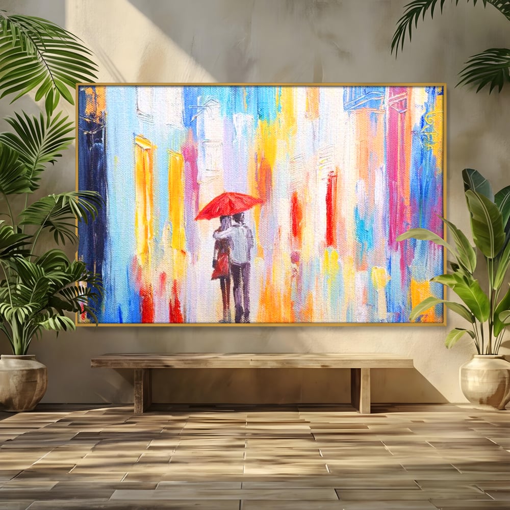 Tablou canvas cu pictura cu un cuplu sub umbrela, in rama de aluminiu auriu
